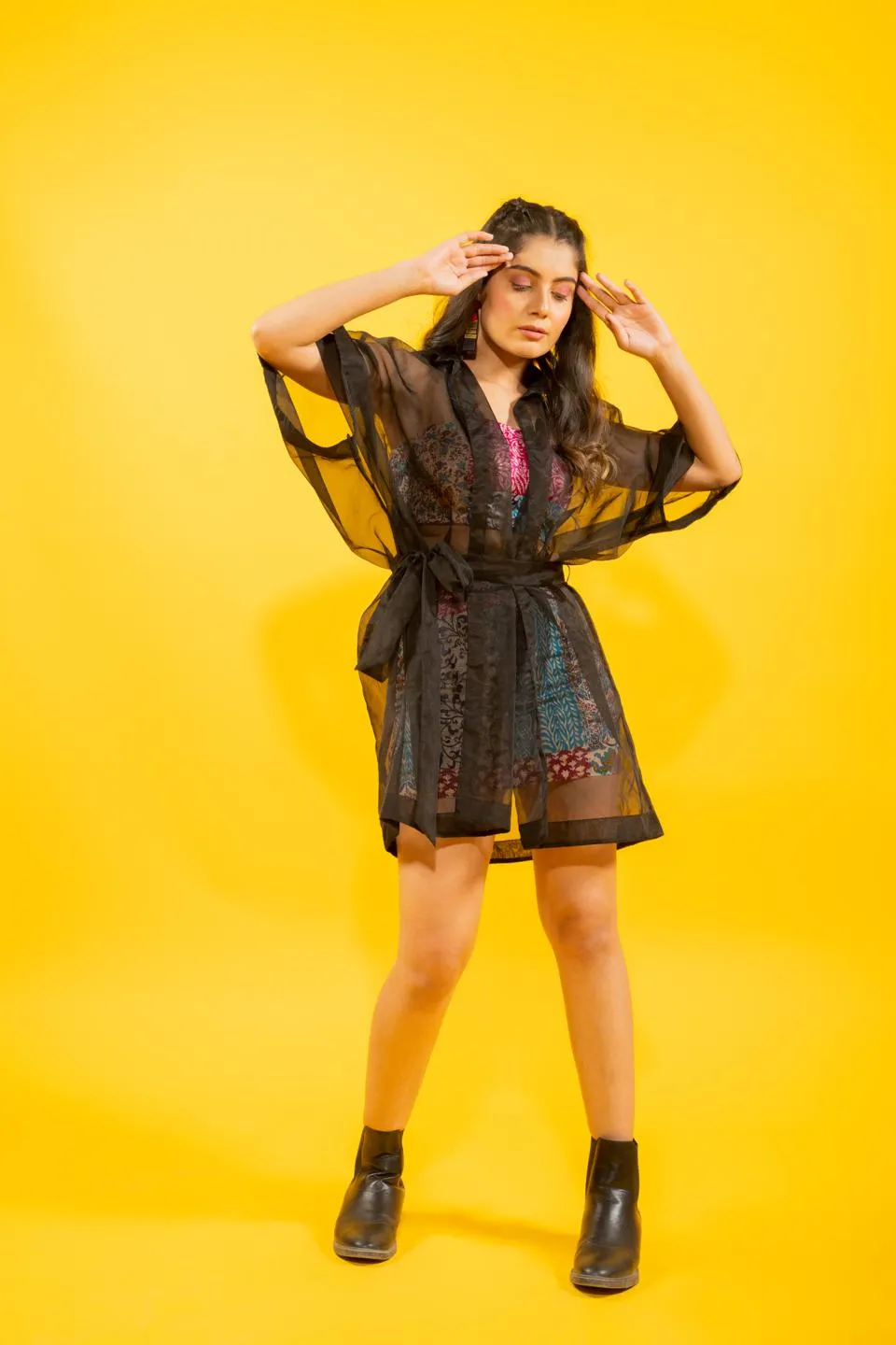 Black Organza Kimono Jacket With Mix Patch Print Skirt And Top Set