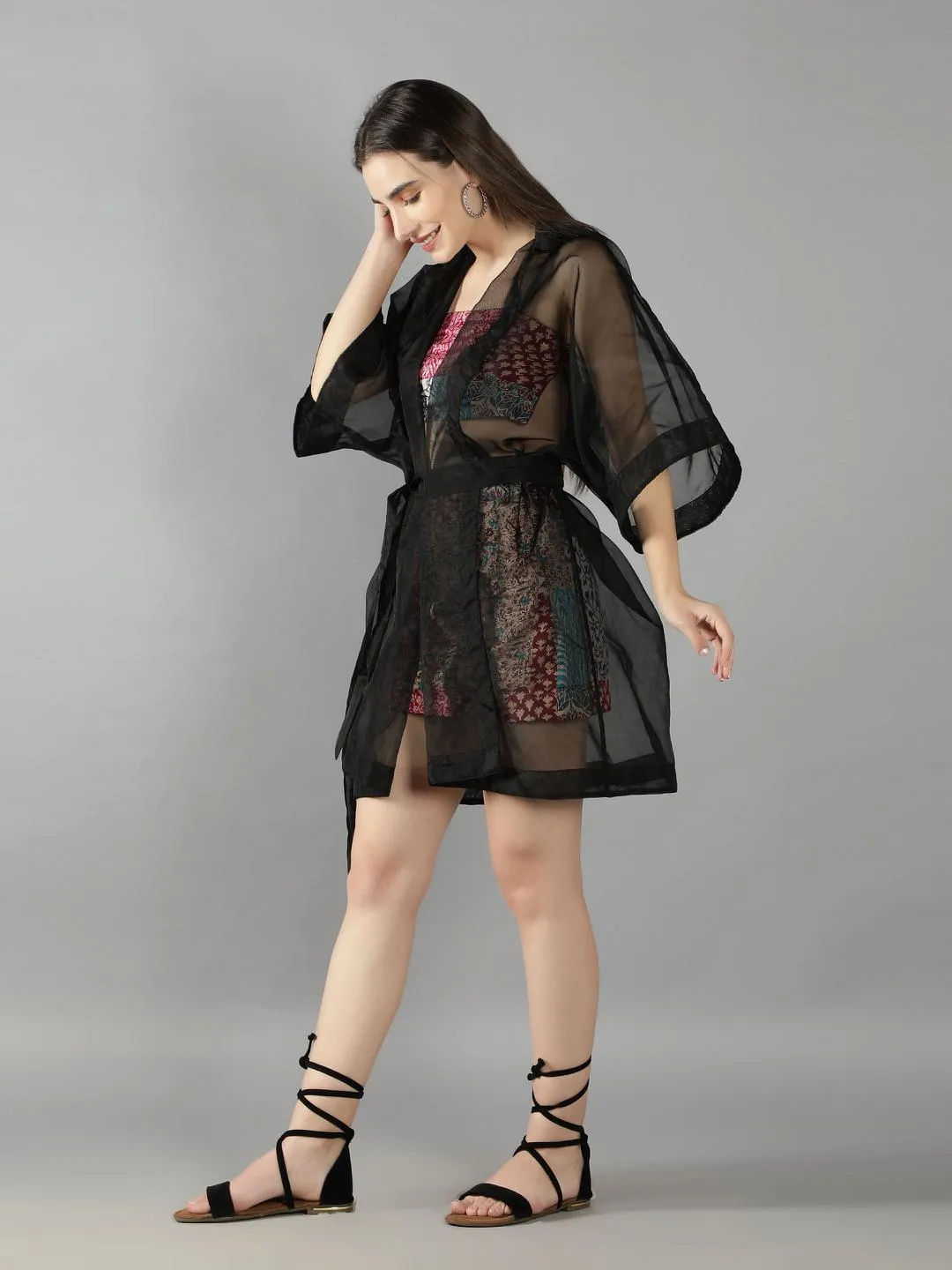Black Organza Kimono Jacket With Mix Patch Print Skirt And Top Set