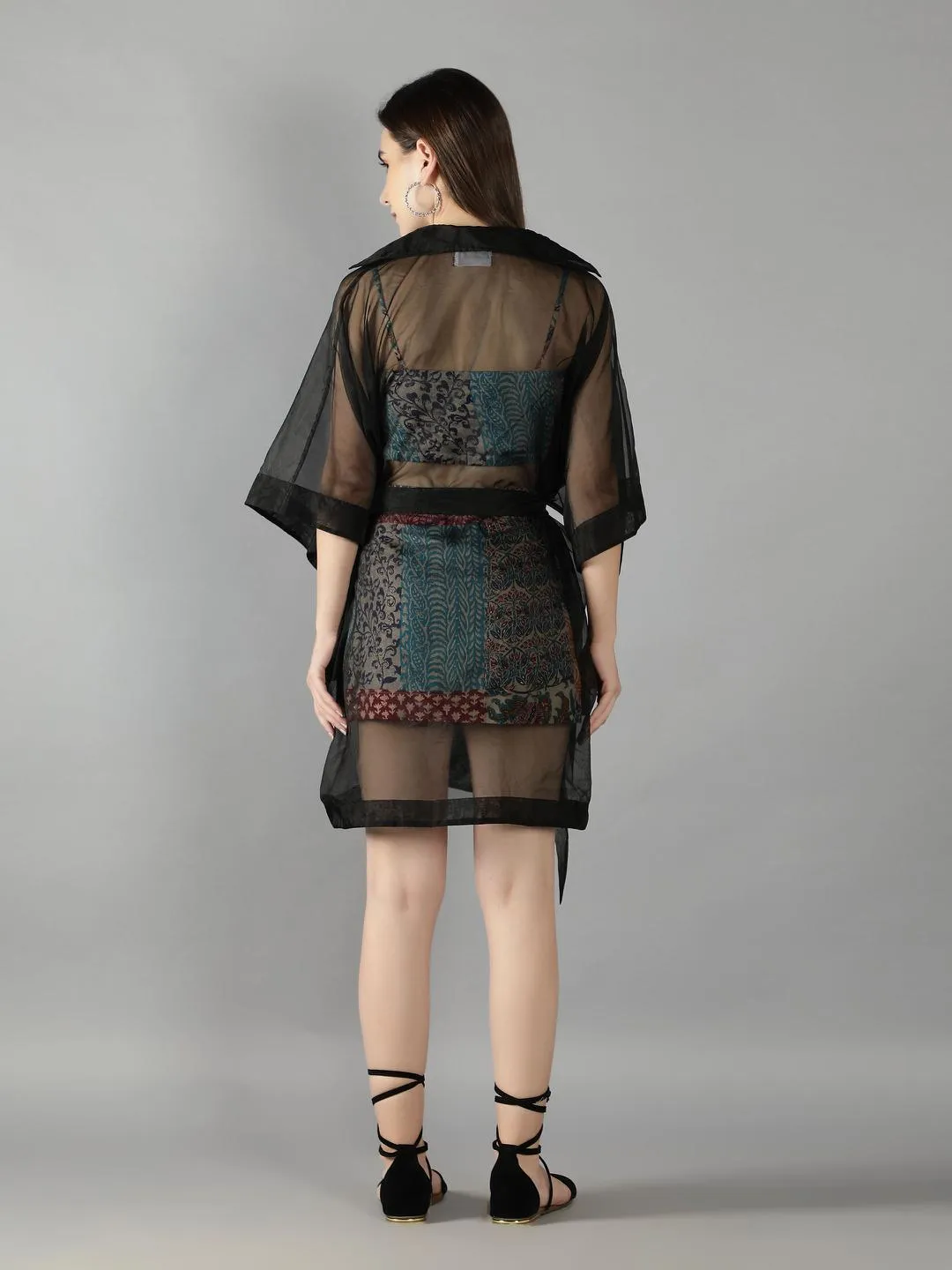 Black Organza Kimono Jacket With Mix Patch Print Skirt And Top Set