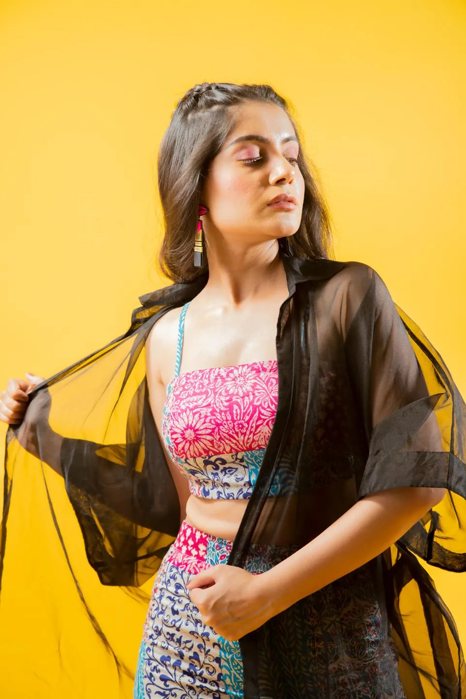 Black Organza Kimono Jacket With Mix Patch Print Skirt And Top Set