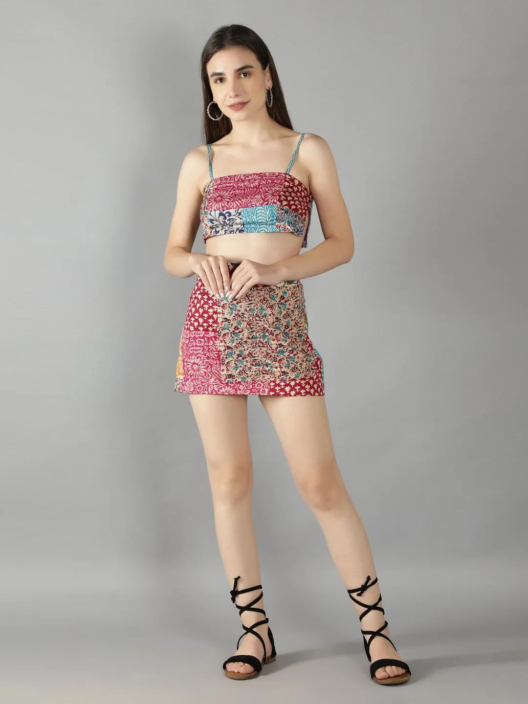 Black Organza Kimono Jacket With Mix Patch Print Skirt And Top Set