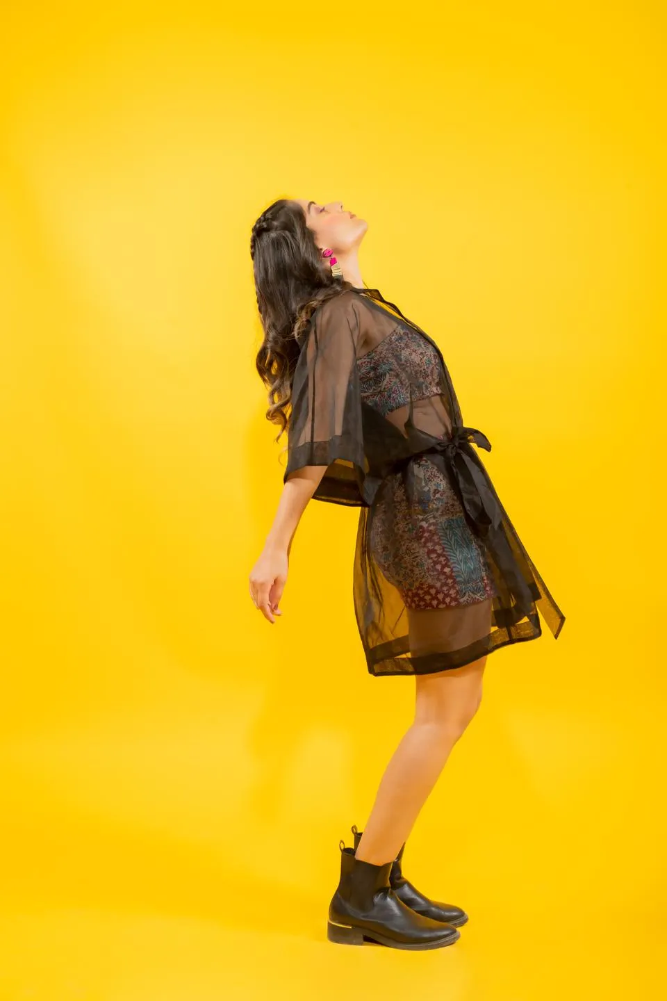 Black Organza Kimono Jacket With Mix Patch Print Skirt And Top Set