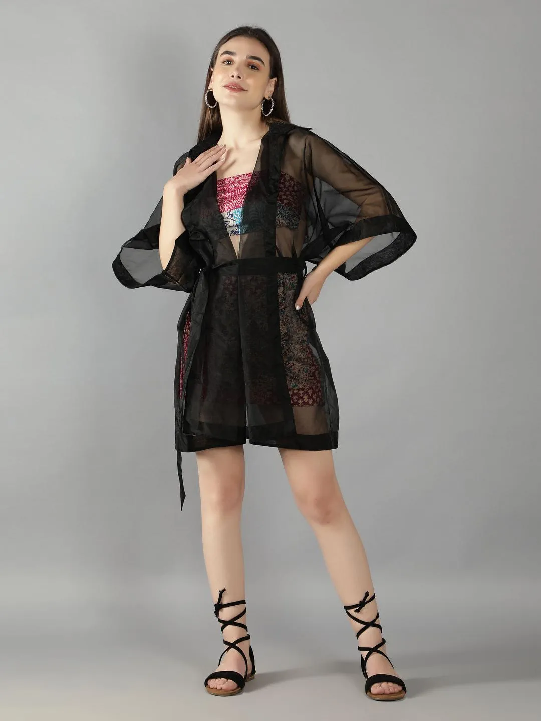 Black Organza Kimono Jacket With Mix Patch Print Skirt And Top Set