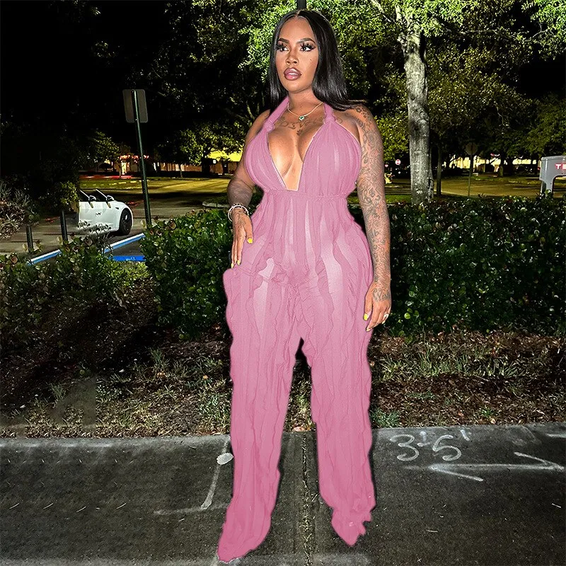 Classy Mesh Backless  Wideleg  Party JumpSuit