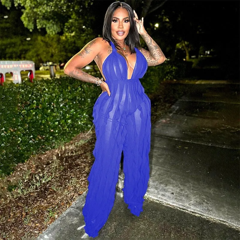 Classy Mesh Backless  Wideleg  Party JumpSuit