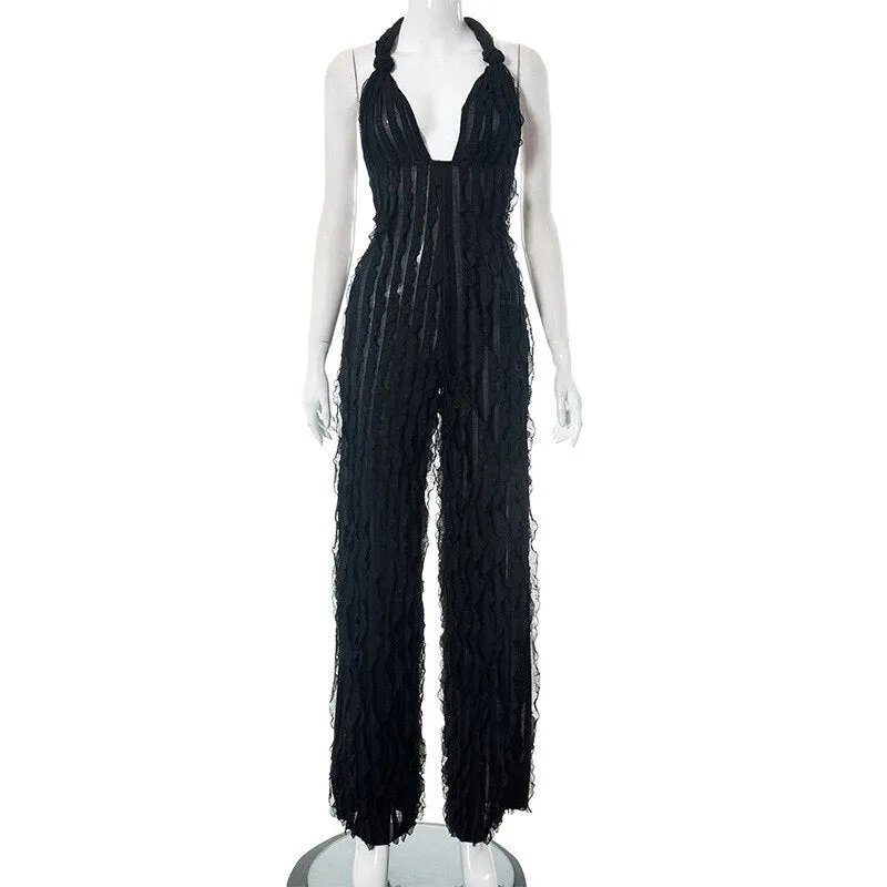 Classy Mesh Backless  Wideleg  Party JumpSuit
