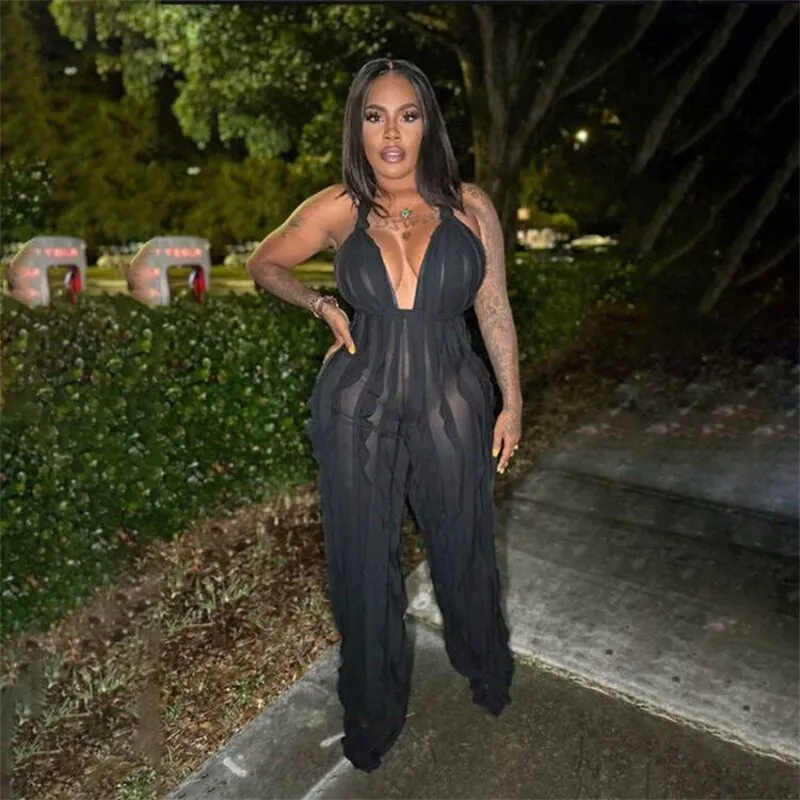 Classy Mesh Backless  Wideleg  Party JumpSuit