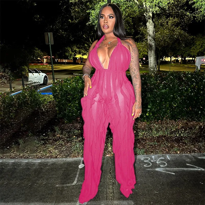 Classy Mesh Backless  Wideleg  Party JumpSuit
