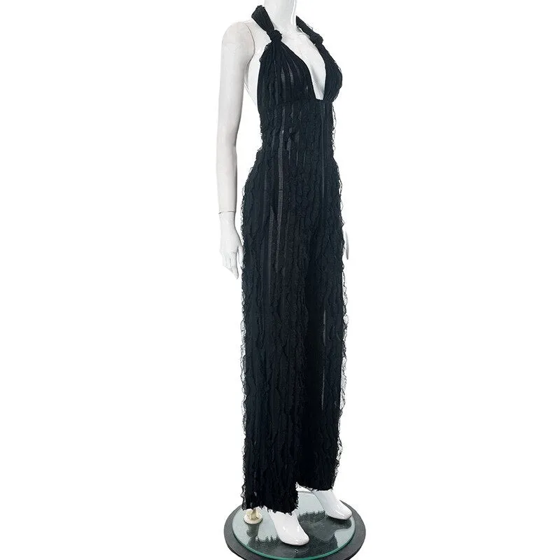 Classy Mesh Backless  Wideleg  Party JumpSuit