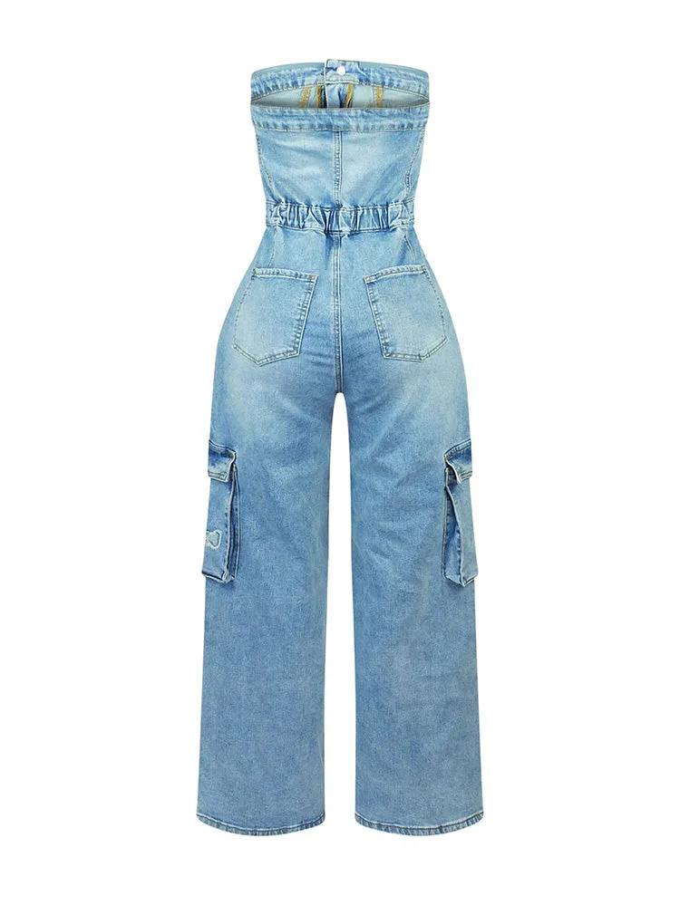 Cross Strapless Denim Jumpsuit