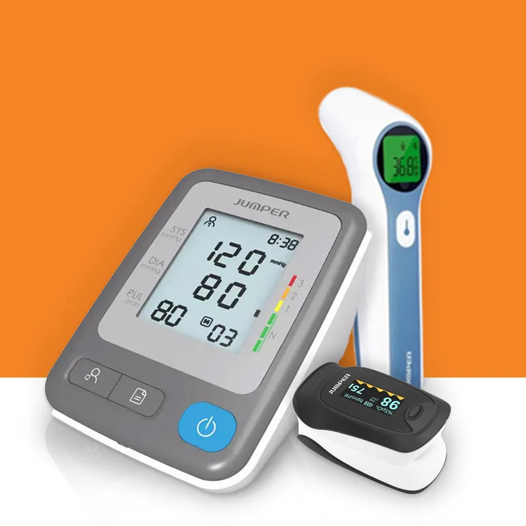 Fingertip Pulse Oximeter   Non-Contact Infrared Thermometer   Compact Blood Pressure Monitor Bundle