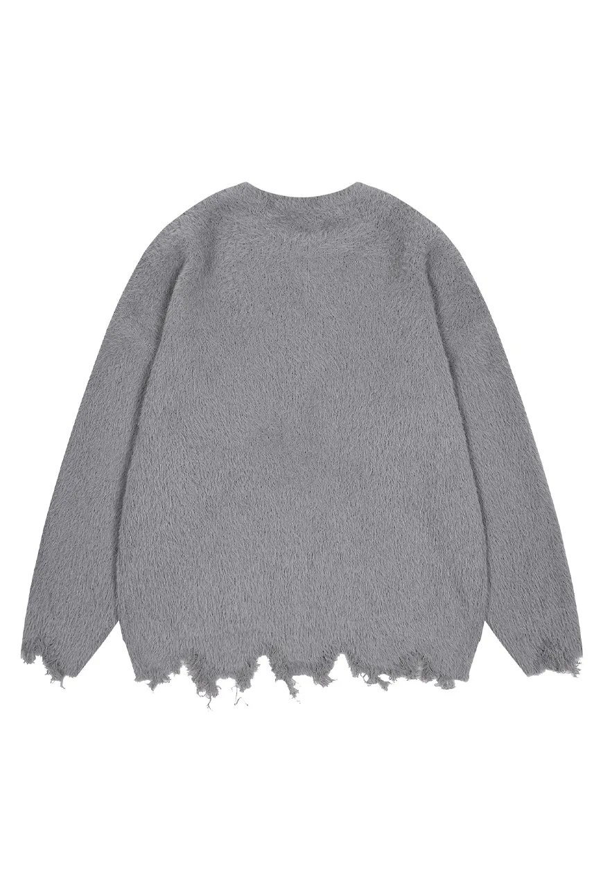 Fluffy distressed sweater stripe pattern hairy jumper grey