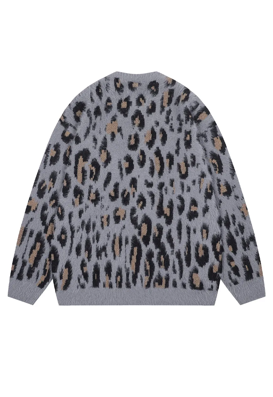Fluffy leopard cardigan animal print fuzzy jumper in brown