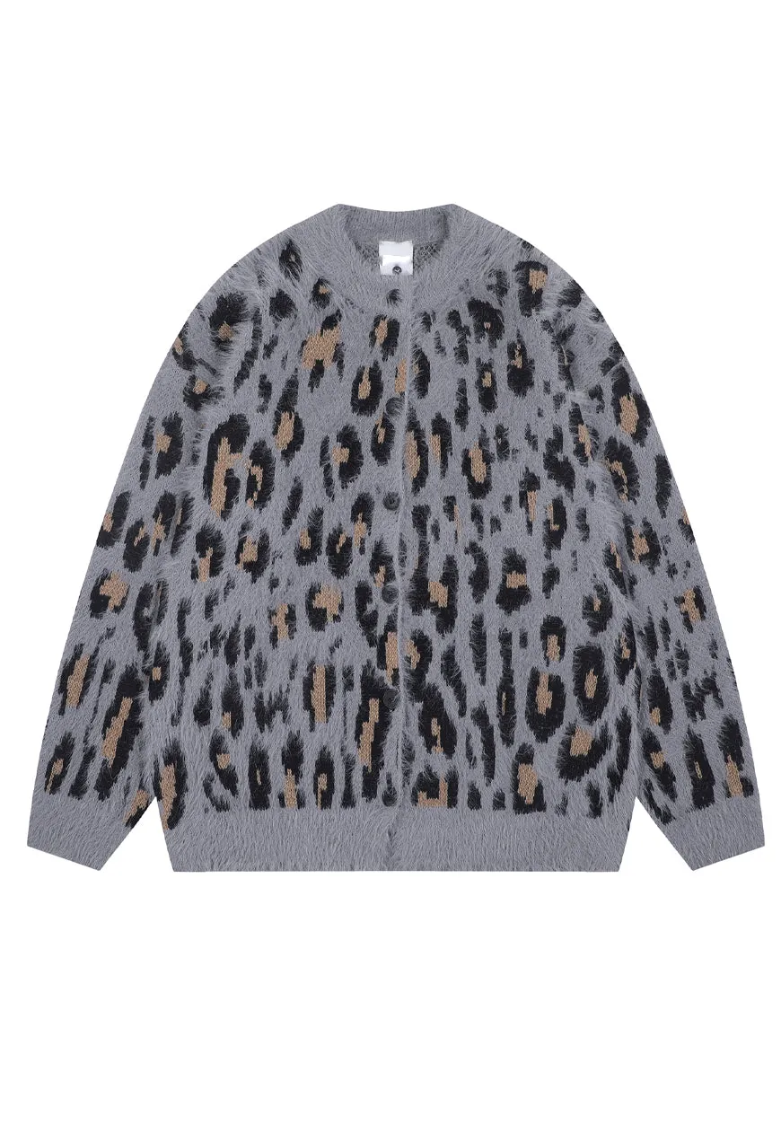 Fluffy leopard cardigan animal print fuzzy jumper in brown