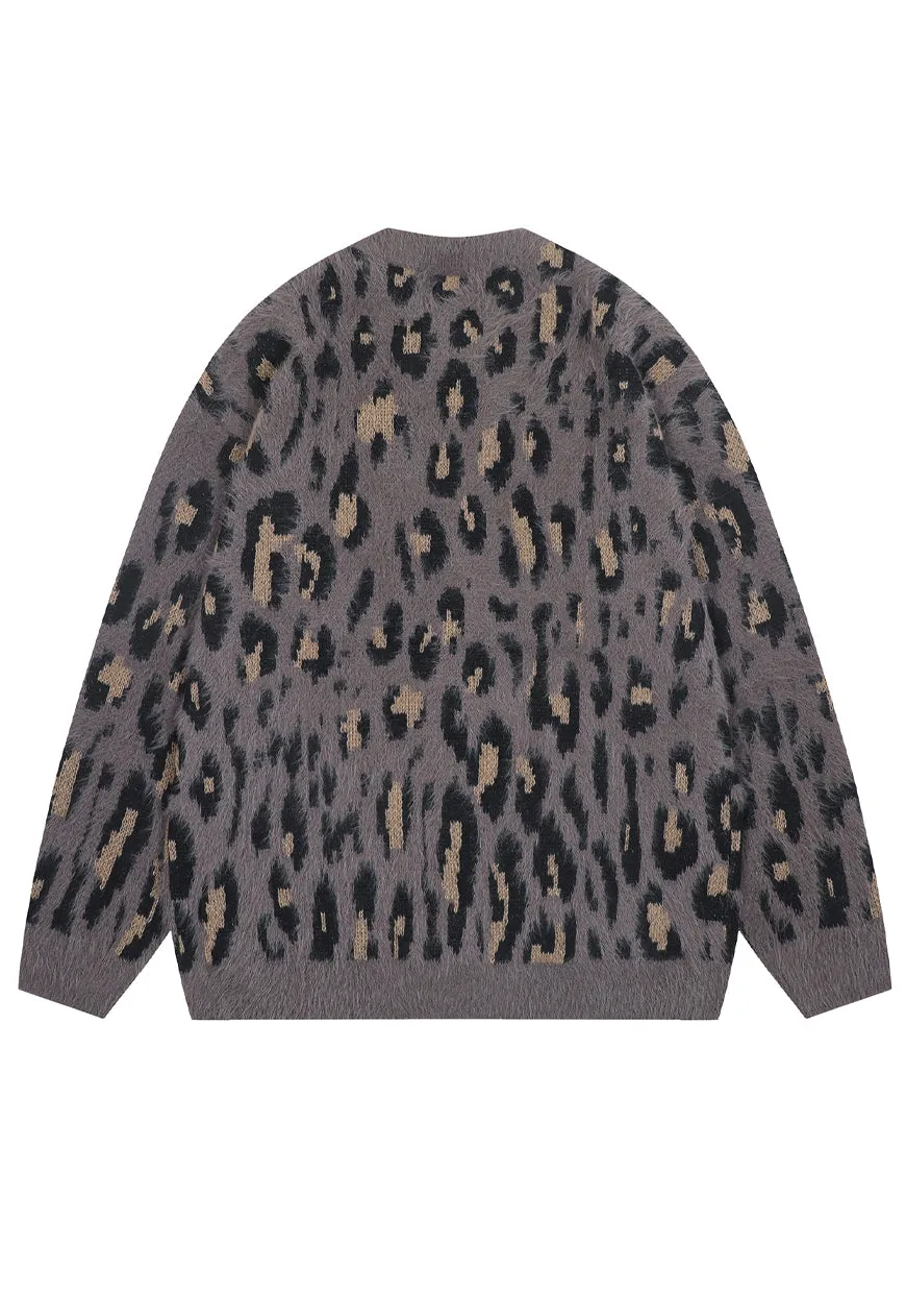 Fluffy leopard cardigan animal print fuzzy jumper in brown