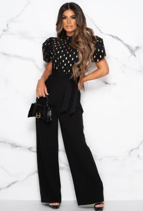 Golden Dream Black Foil Spot Short Sleeve Jumpsuit