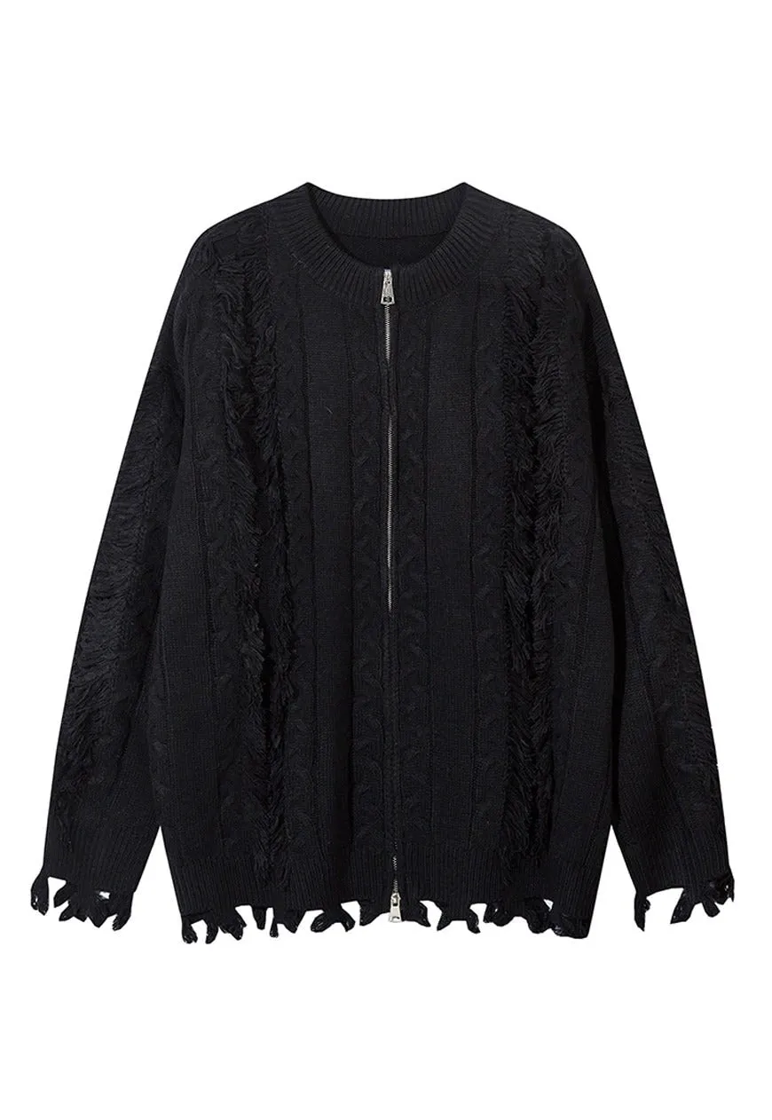 Grunge zip up cardigan grey ripped punk jumper y2k knit top