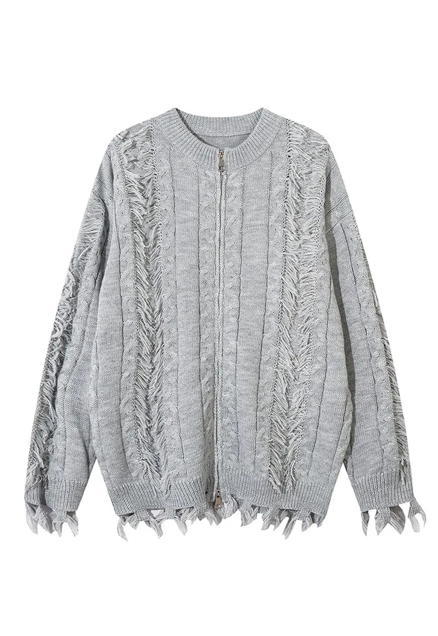Grunge zip up cardigan grey ripped punk jumper y2k knit top