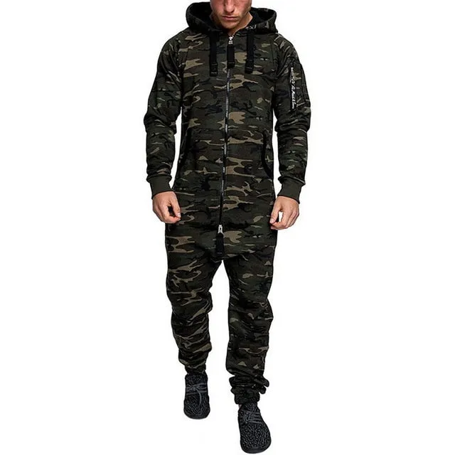 Herren Sets Herren Jumpsuit ein Stück Herren Kapuze Jumpsuit Camouflage Print Persönlichkeit Casual Anzüge Männer