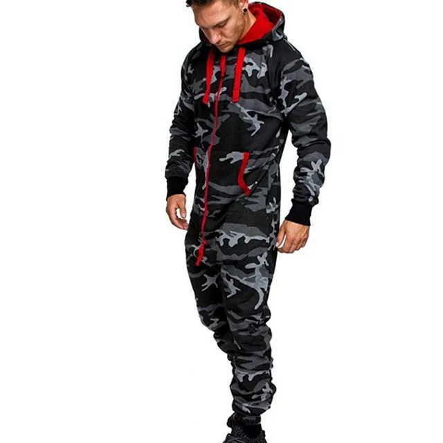 Herren Sets Herren Jumpsuit ein Stück Herren Kapuze Jumpsuit Camouflage Print Persönlichkeit Casual Anzüge Männer