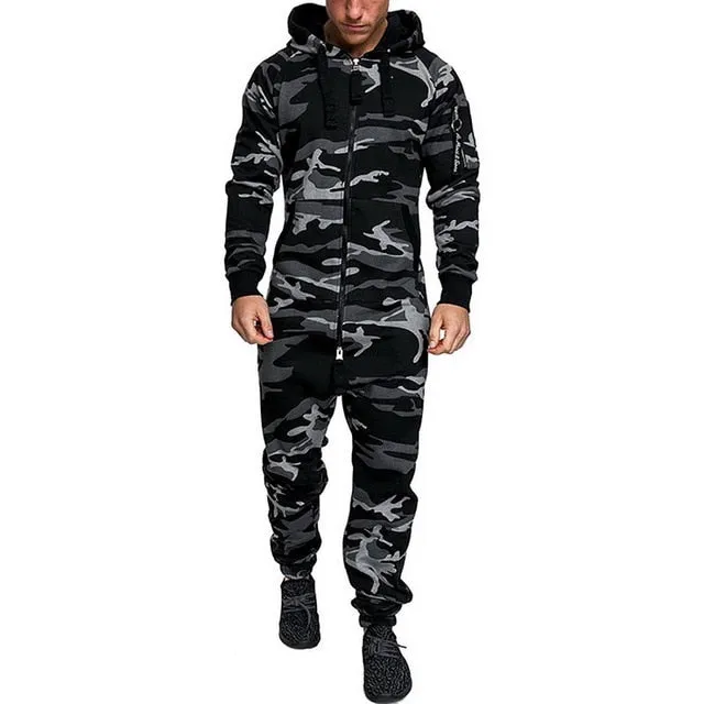 Herren Sets Herren Jumpsuit ein Stück Herren Kapuze Jumpsuit Camouflage Print Persönlichkeit Casual Anzüge Männer