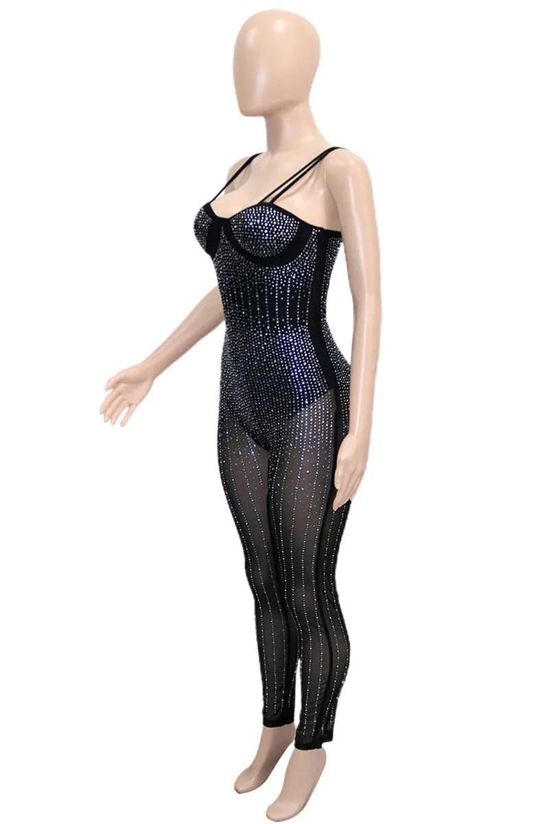 JH656 Rhinestone Sheer Spaghetti Strap Jumpsuit