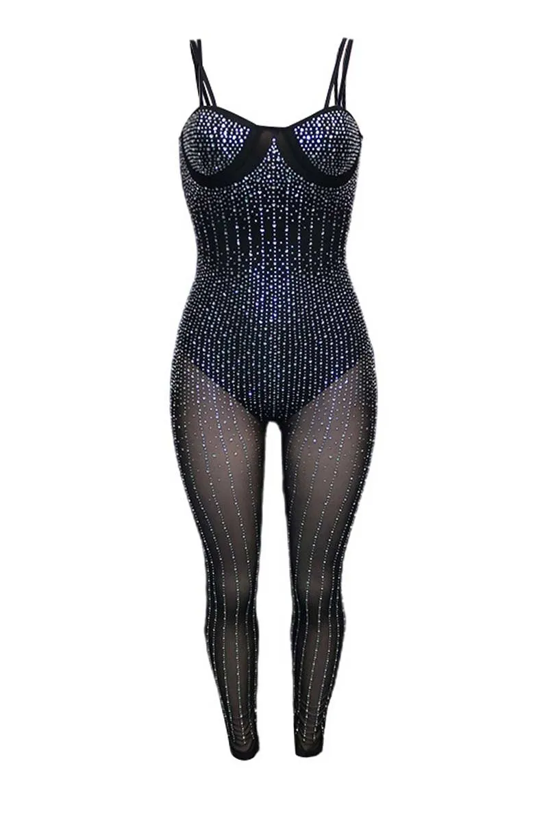 JH656 Rhinestone Sheer Spaghetti Strap Jumpsuit