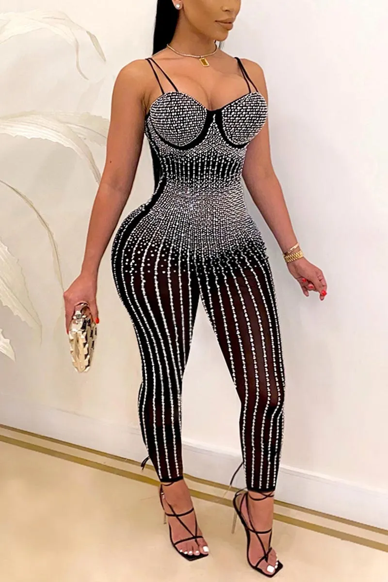 JH656 Rhinestone Sheer Spaghetti Strap Jumpsuit