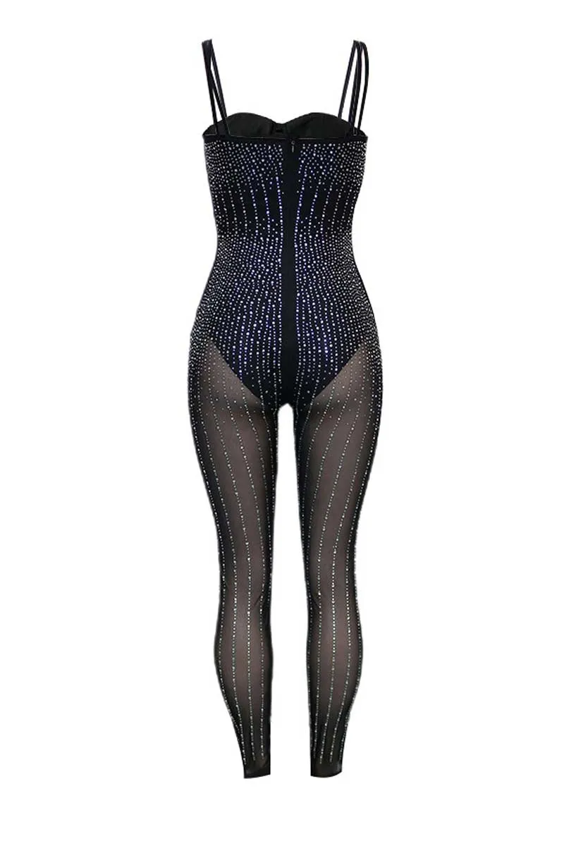 JH656 Rhinestone Sheer Spaghetti Strap Jumpsuit