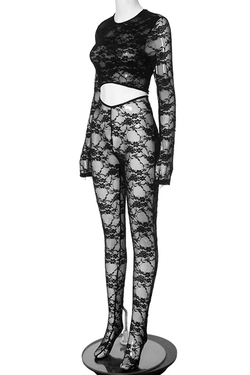 JL670 Lace Long Sleeve Hollow Out Jumpsuit