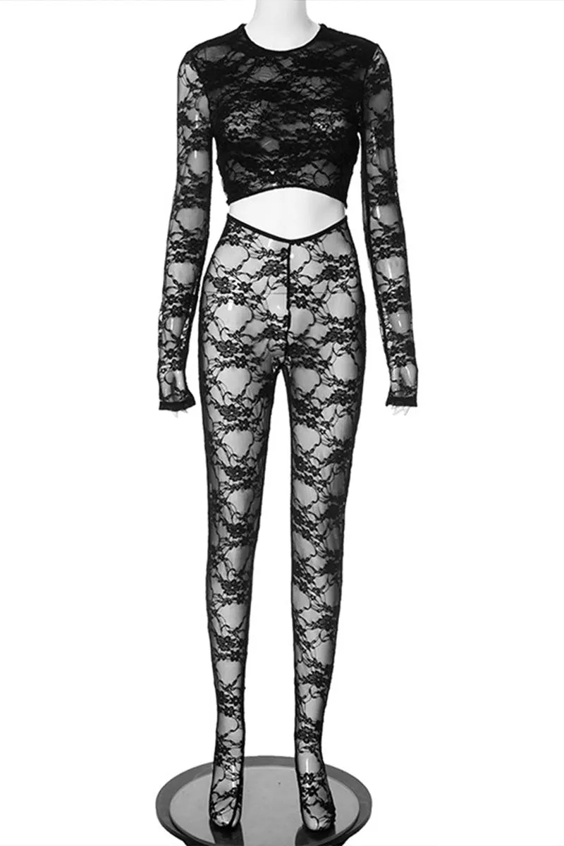 JL670 Lace Long Sleeve Hollow Out Jumpsuit