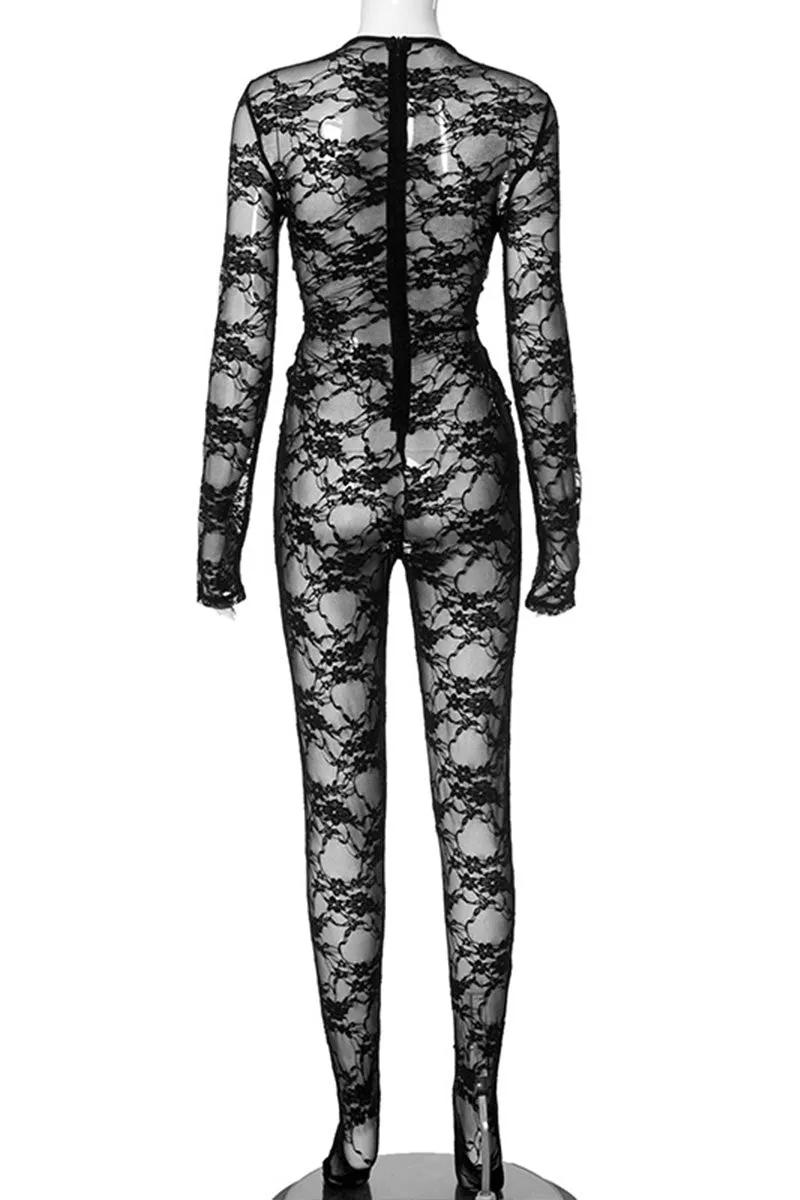 JL670 Lace Long Sleeve Hollow Out Jumpsuit