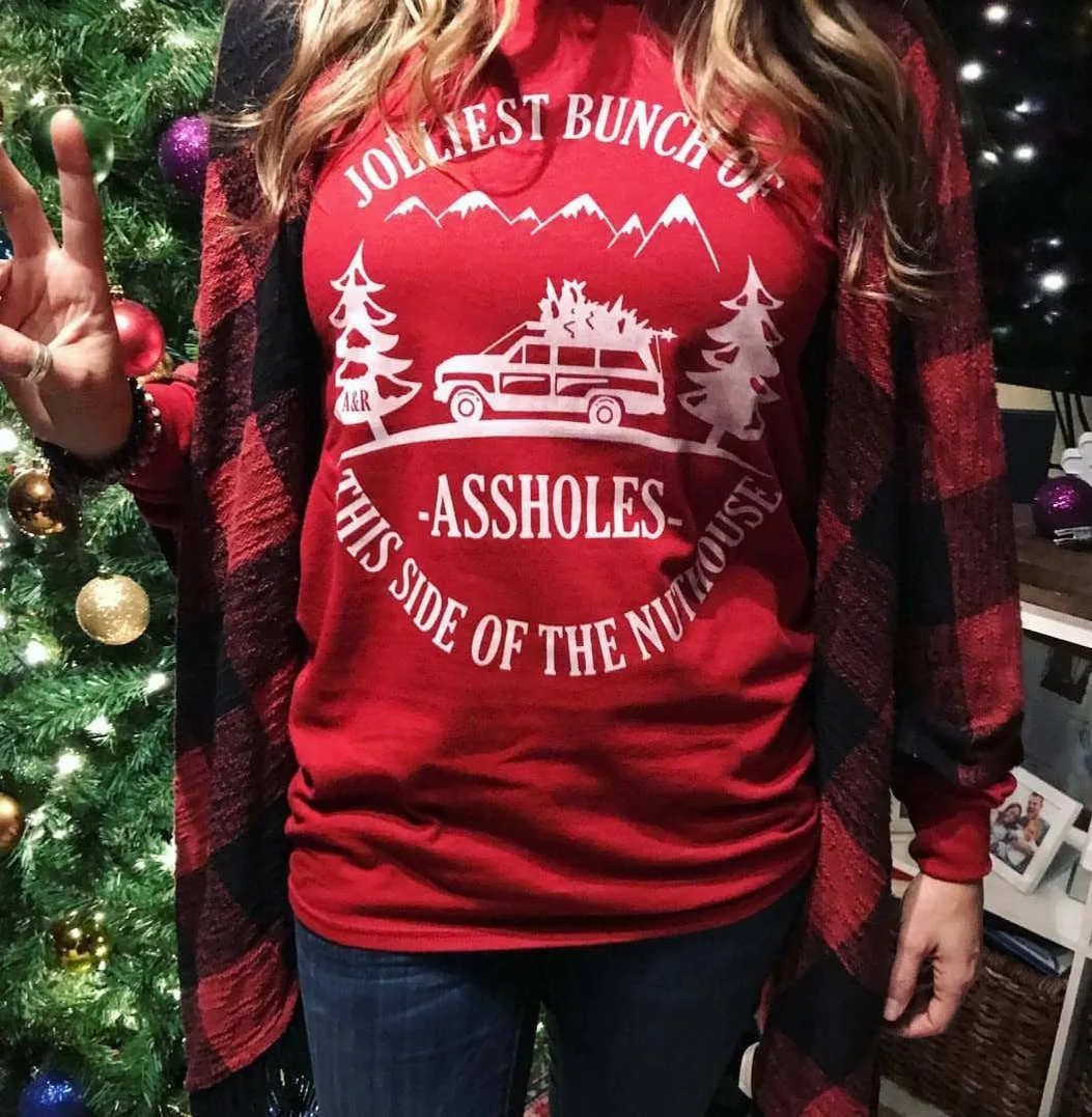 Jolliest Bunch Of Assholes Lightweight Long Sleeve Tee in Red - Unisex
