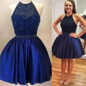 Navy Halter Neck Bead Top Short  Homecoming Dress For Freshman