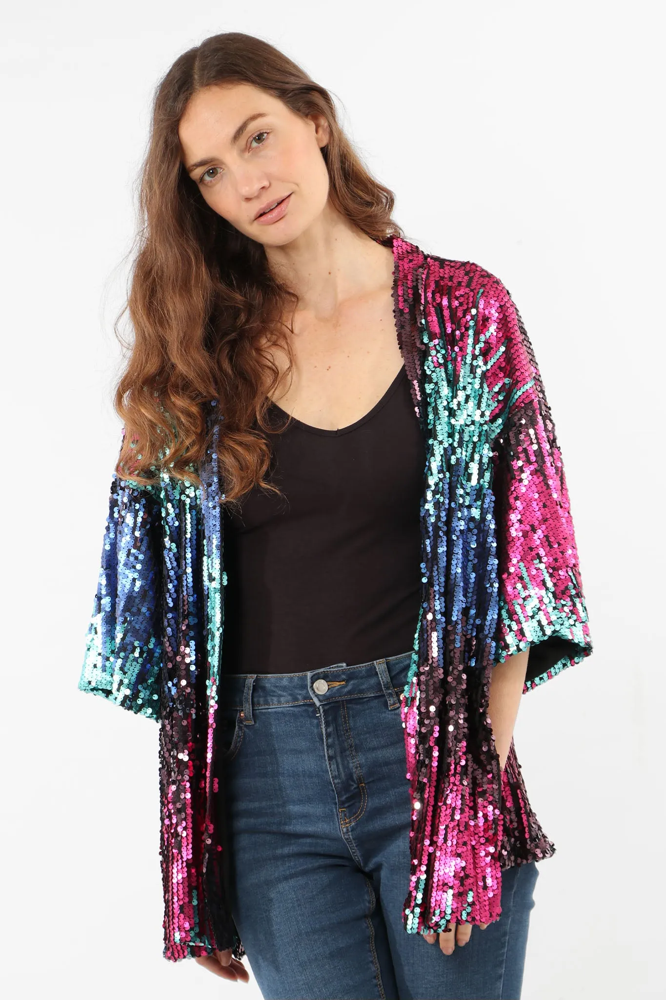 Pink Blue Multi Coloured Sequin Kimono Jacket