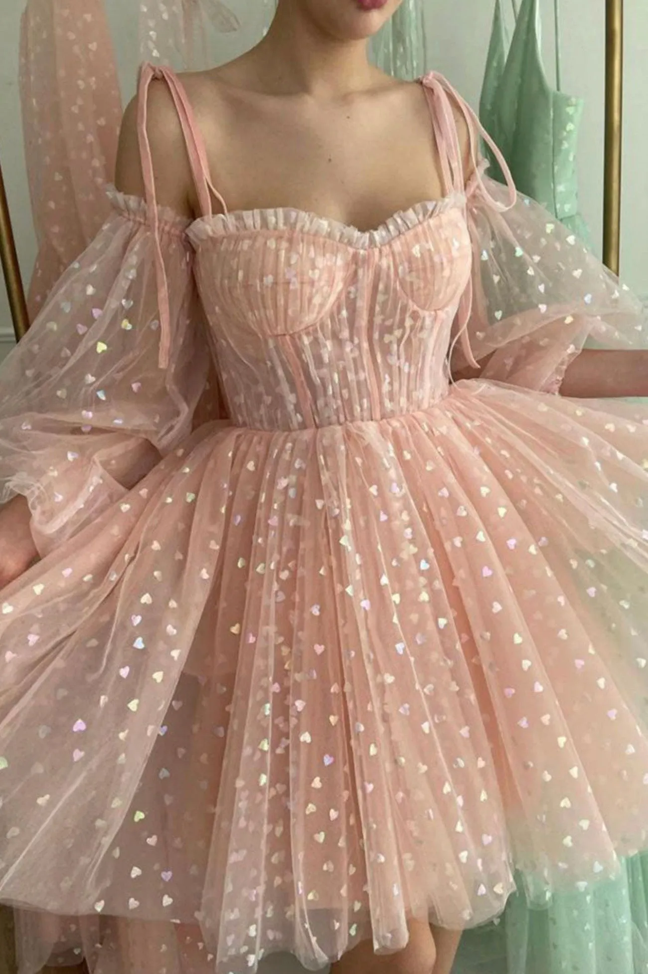 Pink Spaghetti Strap Tulle Short Prom Dress, A-line Long Sleeve Evening Dress