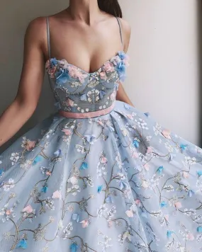 Princess Blue See Through Floral Spaghetti Straps A line Prom Dress Formal Dress