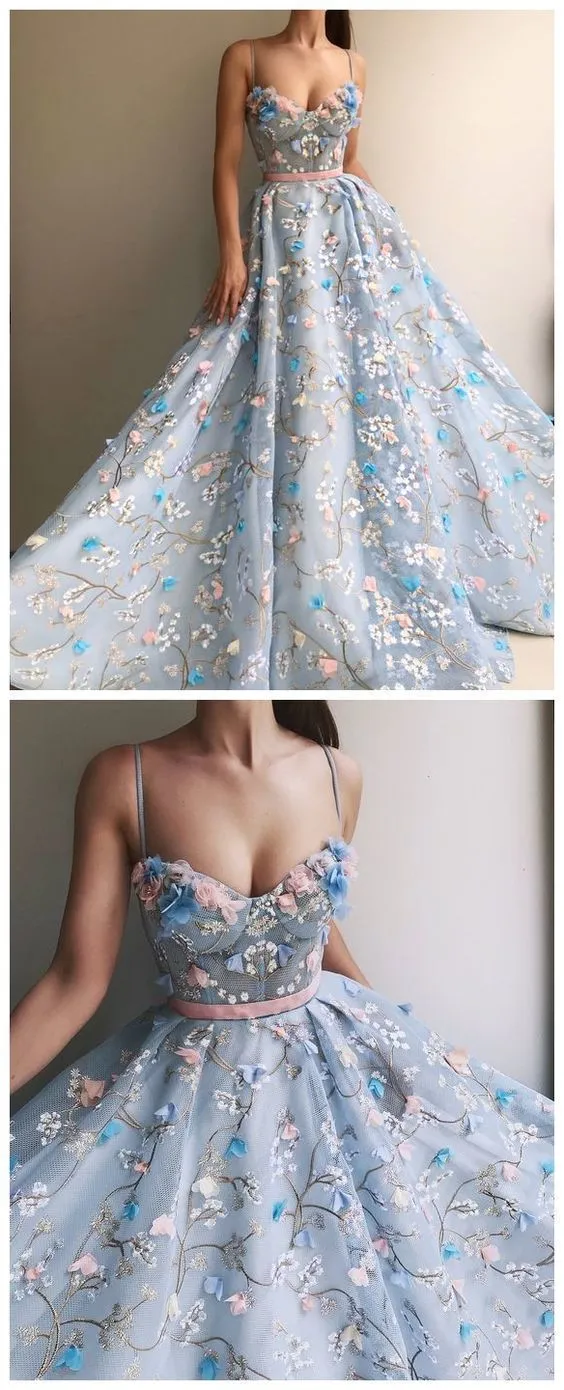 Princess Blue See Through Floral Spaghetti Straps A line Prom Dress Formal Dress