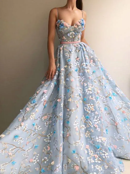 Princess Blue See Through Floral Spaghetti Straps A line Prom Dress Formal Dress