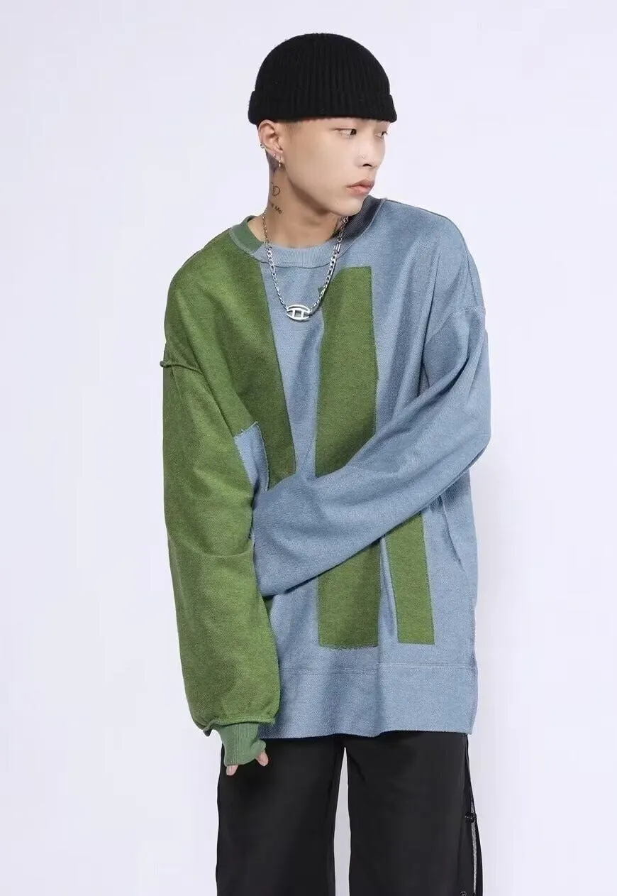 Reworked stitch sweater retro contrast patch knitwear jumper