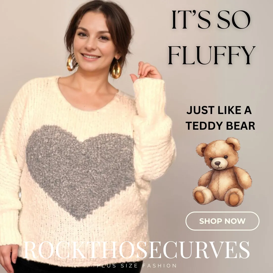 ROCKTHOSECURVES CREAM SOFT FLUFFY JUMPER WITH GREY HEART