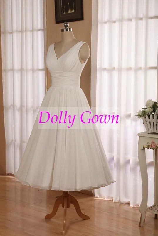 Romantic Simple 1950's Short Chiffon Vintage Wedding Dress | Short Pin Up Wedding Gown