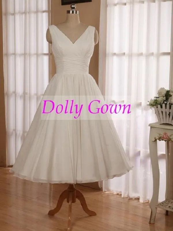 Romantic Simple 1950's Short Chiffon Vintage Wedding Dress | Short Pin Up Wedding Gown