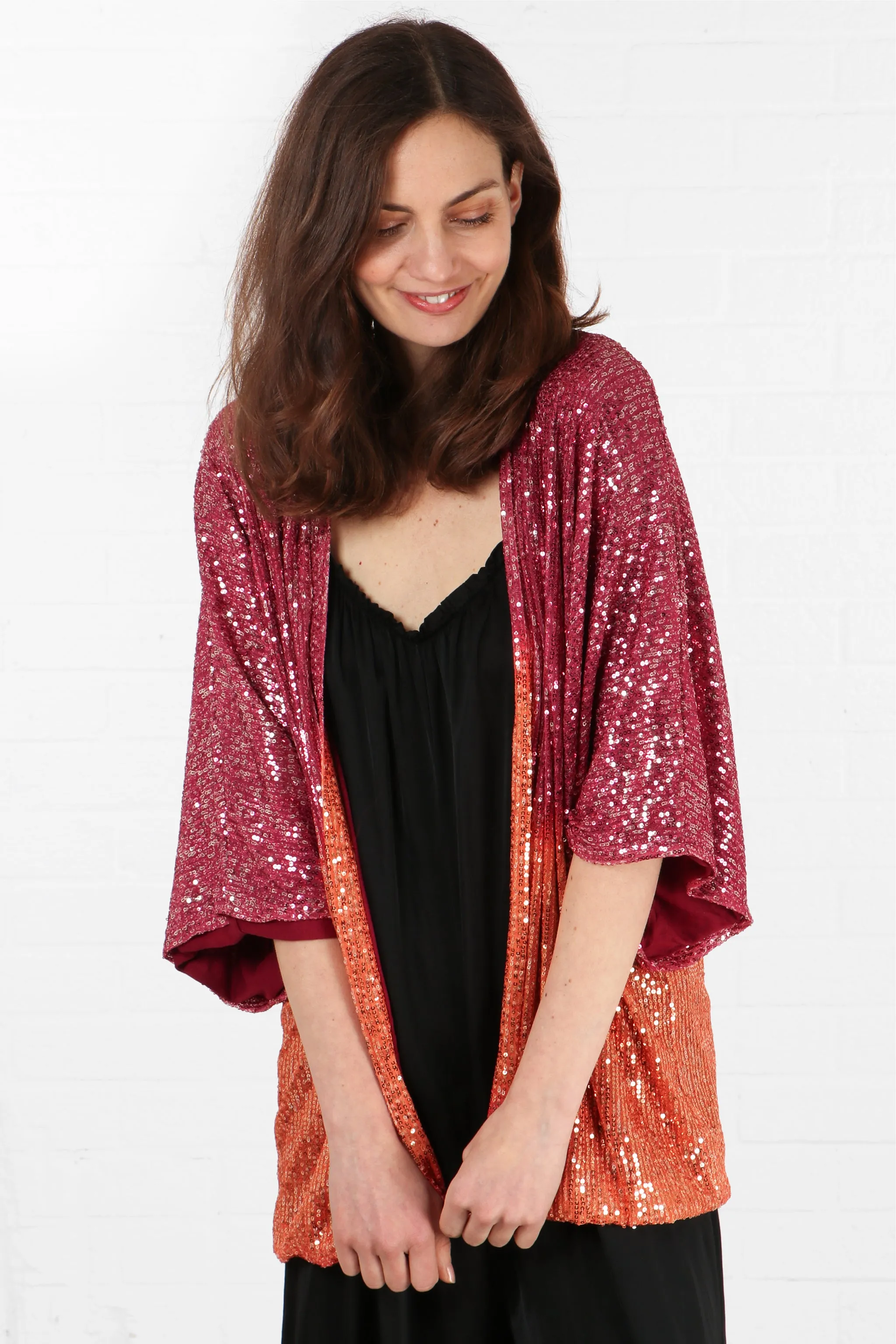 Short Sequin Kimono in Pink Orange Ombre