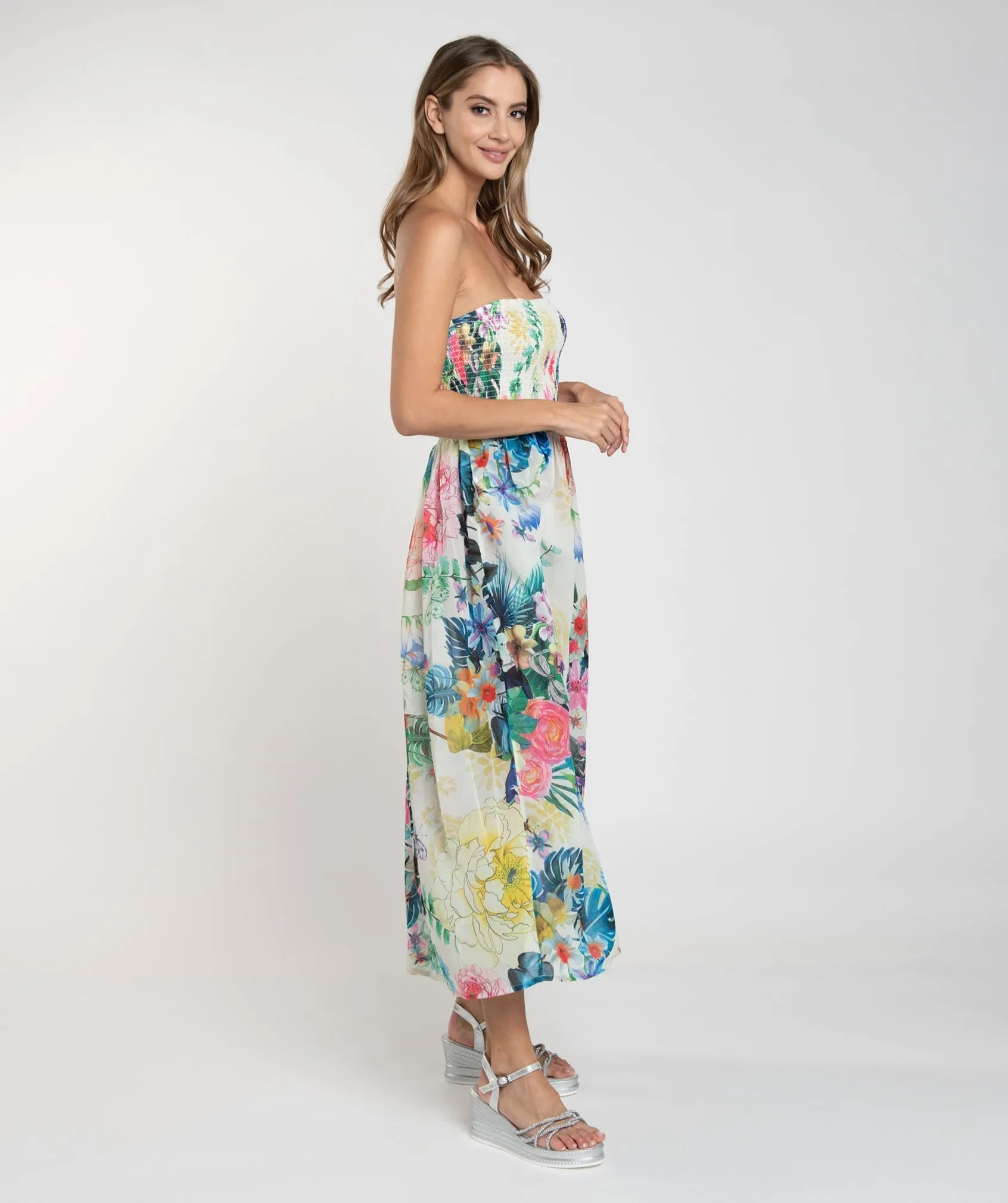 Sky Blue Floral Print Strapless Bandeau Maxi Dress