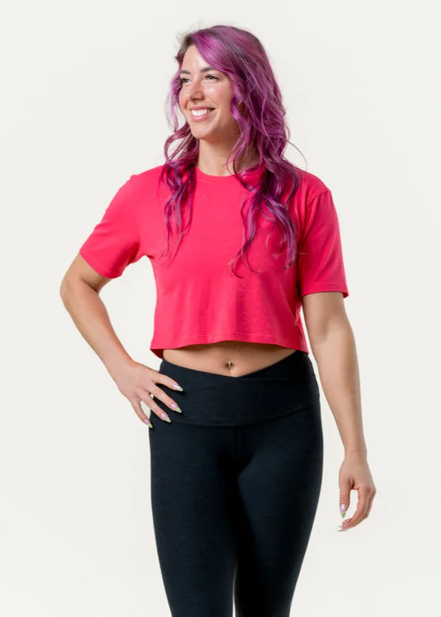 Stay In Oversized Cropped Tee - Hibiscus Glow