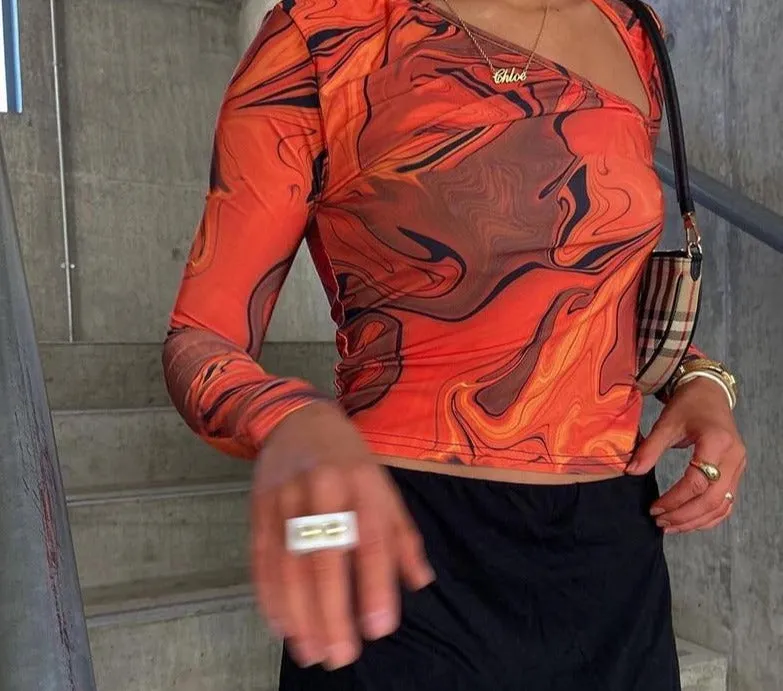 Tie Dye Print Long Sleeve Crop Top | Cut Out Orange Sexy Shirt | Tie Dye Crop Top | Y2K Crop Top | Women Spring Summer Outfit | Fancy Tops