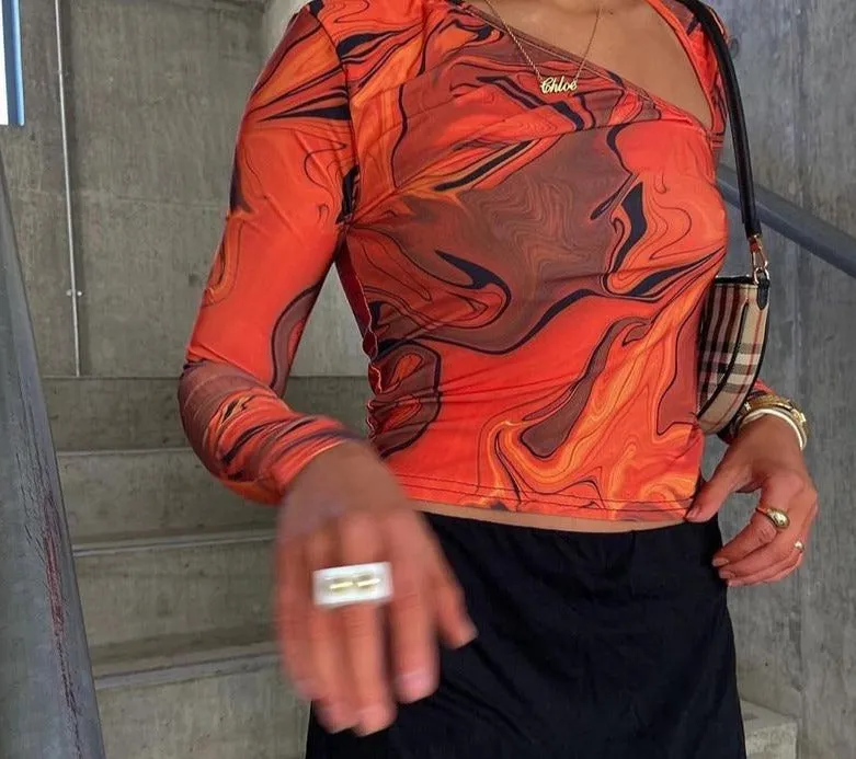 Tie Dye Print Long Sleeve Crop Top | Cut Out Orange Sexy Shirt | Tie Dye Crop Top | Y2K Crop Top | Women Spring Summer Outfit | Fancy Tops