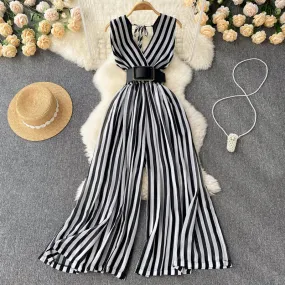 V-neck Chiffon Striped Waist Jumpsuit