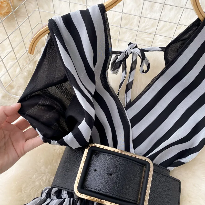 V-neck Chiffon Striped Waist Jumpsuit